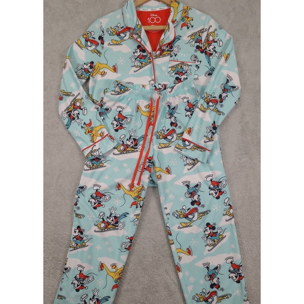Disney 100 Women XS Blue Flanel Pajama Set Mickey Minnie Donald Winter Skating